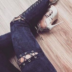 Blue Lace up suede pants
